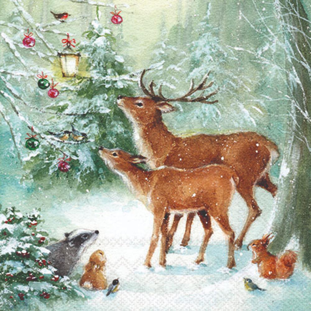 Servietten 25x25 cm - Forest celebration, Schnee,  Hirsche,  Rehe,  Wald,  Wiesen,  Weihnachtsbaum,  Tannenbaum,  Christbaum,  Eichhörnchen,  Tiere