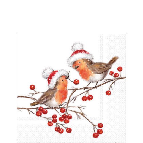 Tovaglioli 25x25 cm - Christmas robins white, Robin,  Cappello di Natale,  Bacche,  frutta,  Uccelli,  Animali