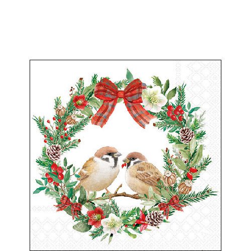 Serwetki 25x25 cm - Sparrows in wreath, 