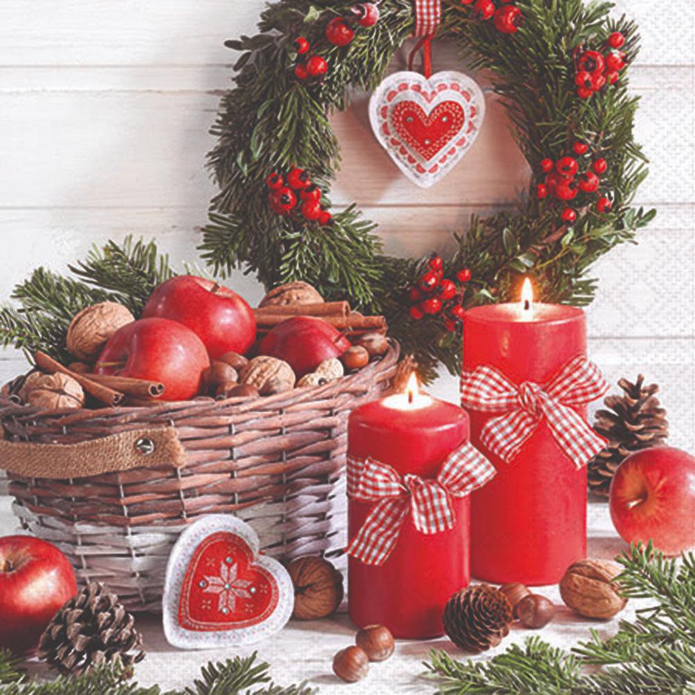Servietten 25x25 cm - Harvest in basket, Apfel,  Kerzen,  Adventskranz,  Tannenzapfen,  Herbst