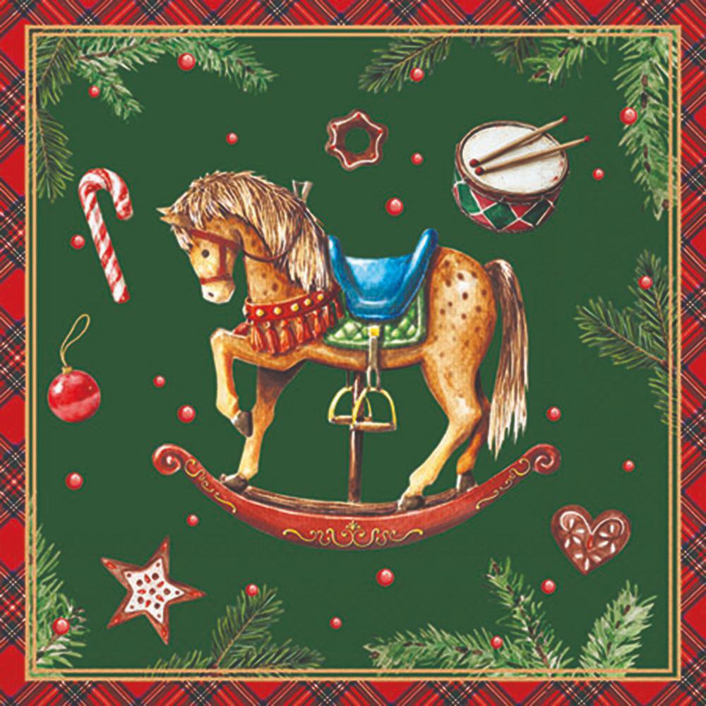 Napkins 25x25 cm - Classic rocking horse green, Candy cane,  Rocking horse,  Tree decorations,  Fir branches,  plants