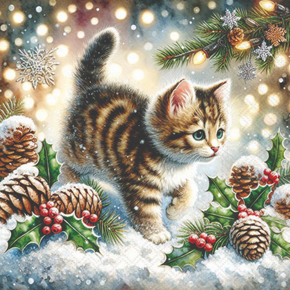 Servilletas 25x25 cm - Cute cat in the snow, Gato,  Nieve,  copos de nieve,  Gatos,  Animales,  Ramas de abeto,  plantas,  Piñas de pino,  otoño
