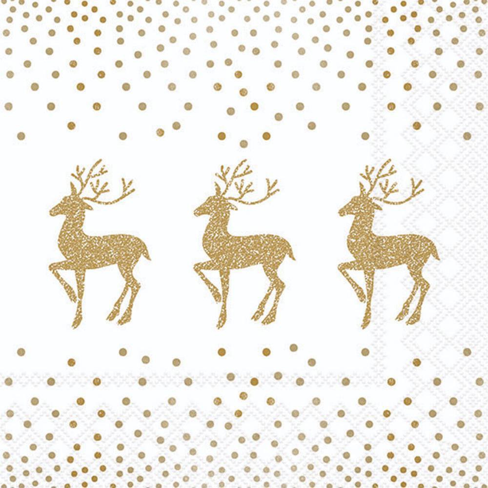 Napkins 33x33 cm - Deer And Dots White/Gold , points, Deer, Deer Napkins 33x33 cm - Deer And Dots White/Gold
