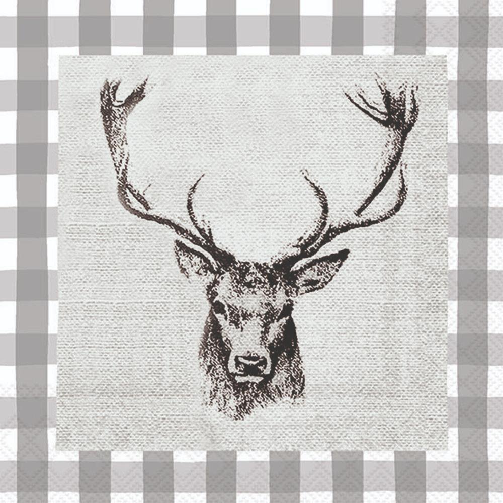 Servietten 33x33 cm - Checked Stag Head Grey 
