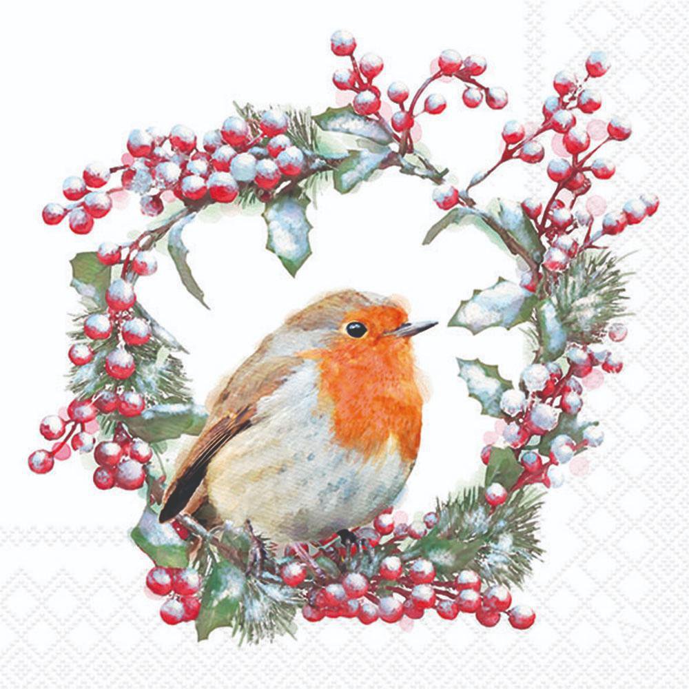 Servilletas 33x33 cm - Robin in wreath
