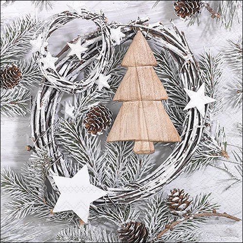 Servietten 33x33 cm - White Christmas, Tannenbaum,  Weihnachtsbaum,  Tannenzapfen,  Tannenzweig,  Adventskranz,  Schnee,  Zapfen,  Sterne,  Kristalle,  Früchte