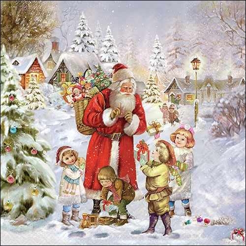 Serwetki 33x33 cm - Santa bringing presents , ?wi?ty Miko?aj,  ?wi?ty Miko?aj,  Prezenty,  Wioska,  Jod?a,  Ojciec Gwiazdka,  ?nieg,  Dzieci,  Vintage,  P?atki ?niegu