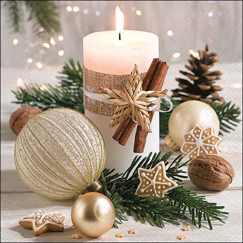 Servilletas 33x33 cm - Christmas decoration, Ramas de abeto,  Galletas,  Nueces,  Piña,  Adornos para el árbol,  Pastel,  Nueces,  Velas,  Frutas