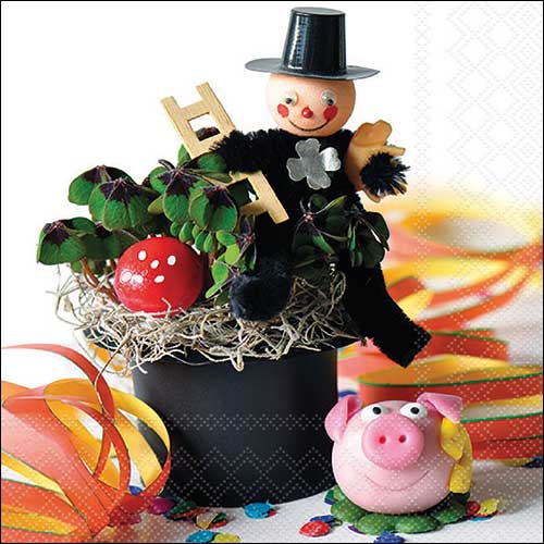 Servilletas 33x33 cm - Lucky charms , Año Nuevo,  Amuleto de la suerte,  Deshollinador,  Cerdo de la suerte,  Serpentinas,  Nochevieja,  Trébol,  Celebración,  Plantas,  Eventos