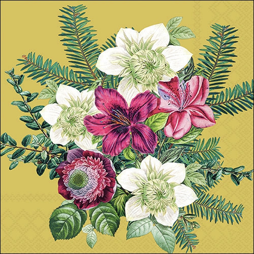 Napkins 33x33 cm - Azalea and helleborus gold , Amaryllis,  Christmas roses,  Fir branches,  Flowers,  Plants