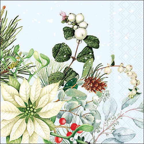 Serwetki 33x33 cm - White poinsettia , Szyszka sosnowa,  Jagody,  Poinsecja,  Ga??zie jod?y,  Eukaliptus,  Kwiaty,  Ro?liny
