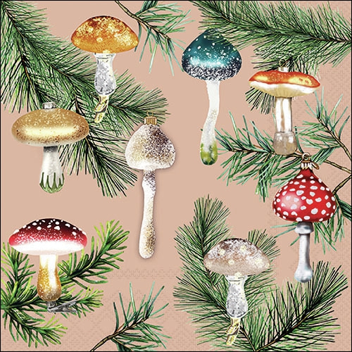 Serwetki 33x33 cm - Mushroom ornaments terracotta , Ga??zie jod?y,  Ozdoby choinkowe,  Grzyby,  Ro?liny,  Warzywa