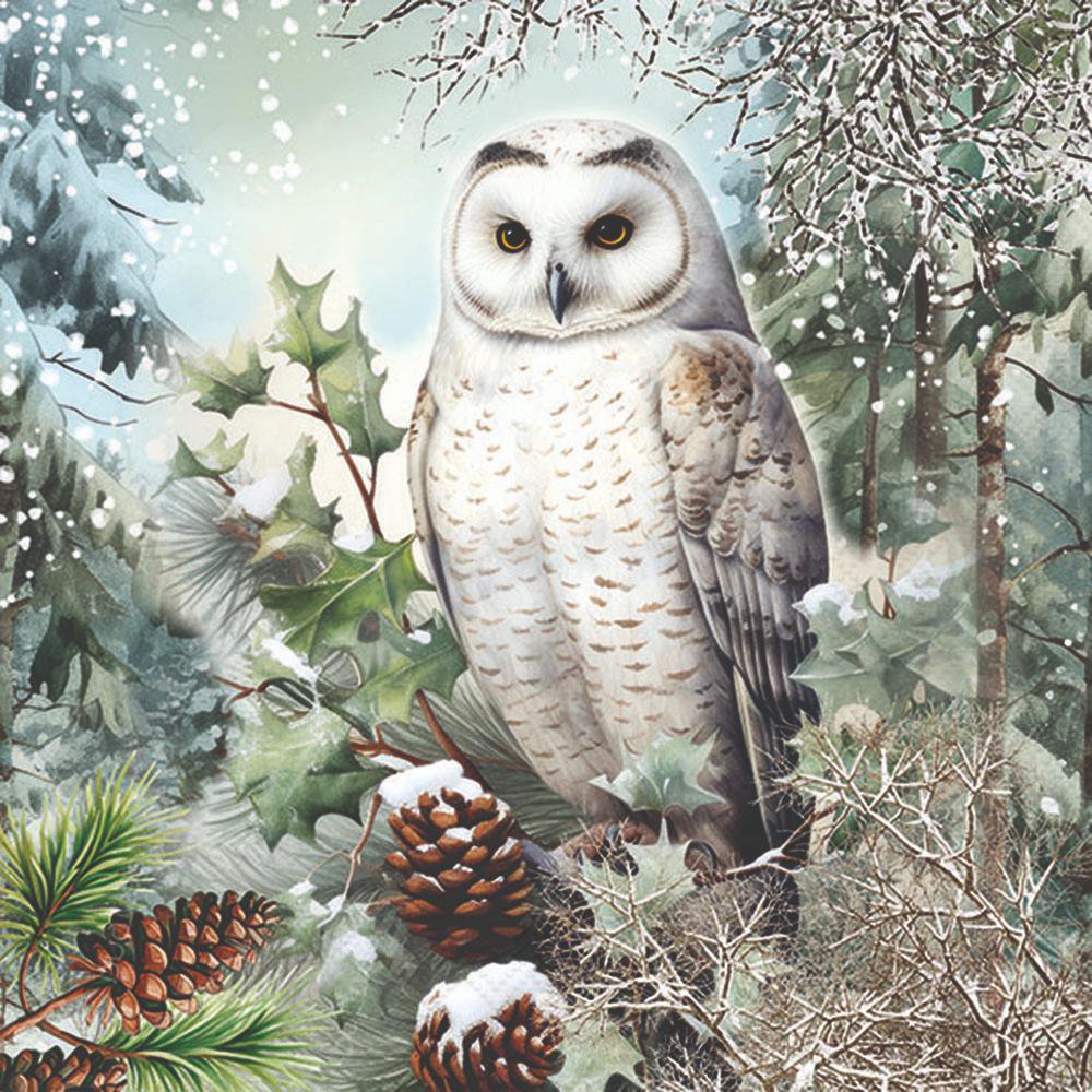 Servilletas 33x33 cm - Snowy owl, Búho,  Búho real,  Aves,  Pájaros,  Animales,  Piñas de pino,  otoño,  Hiedra,  plantas,  Cristales de hielo,  copos de nieve