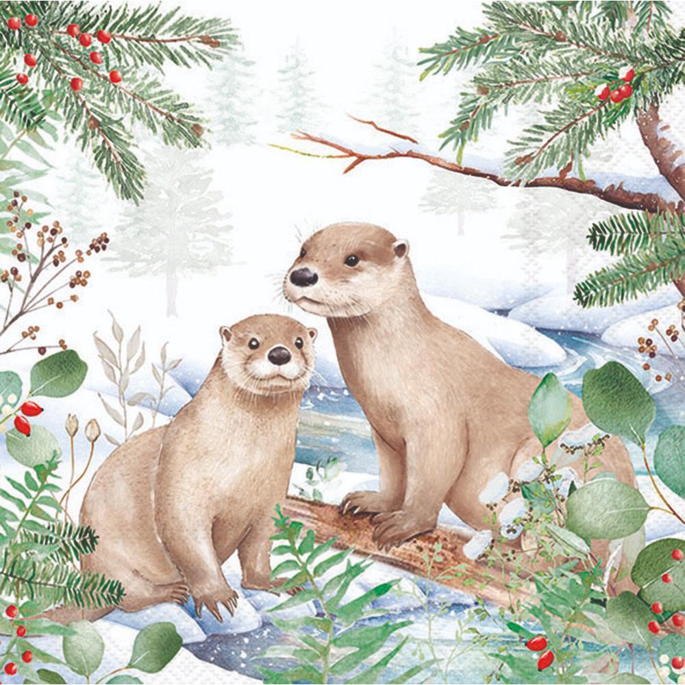 Servietten 33x33 cm - Otter, Otter,  Tiere,  Schnee,  Schneeflocken,  Tannenzweige,  Pflanzen