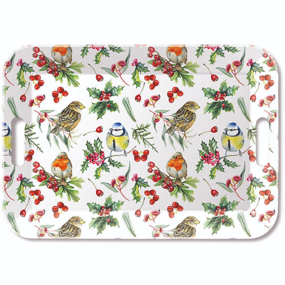 Tablett - Tray melamine 33x47 cm Birds in winter, Vogel,  VÃ¶gel,  Meise,  Rotkehlchen,  Beeren