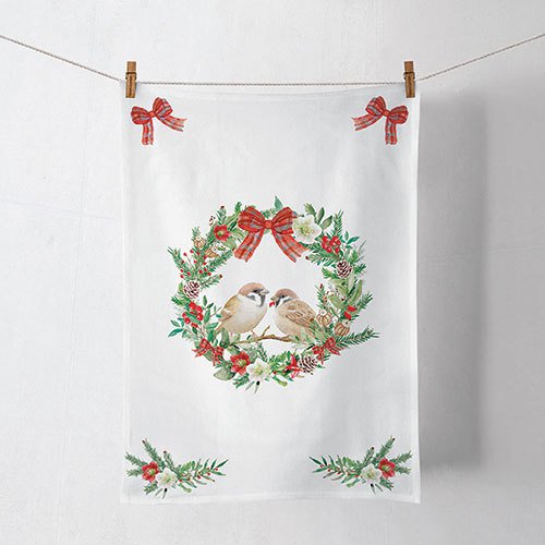 Asciugamano da cucina - Sparrows in wreath, Corona d'Avvento,  Ghirlanda,  Uccello,  Uccelli,  Passeri