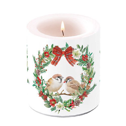 Candela decorativa media - Sparrows in wreath, Corona d'Avvento,  Rose di Natale,  Uccello,  Uccelli,  Passeri