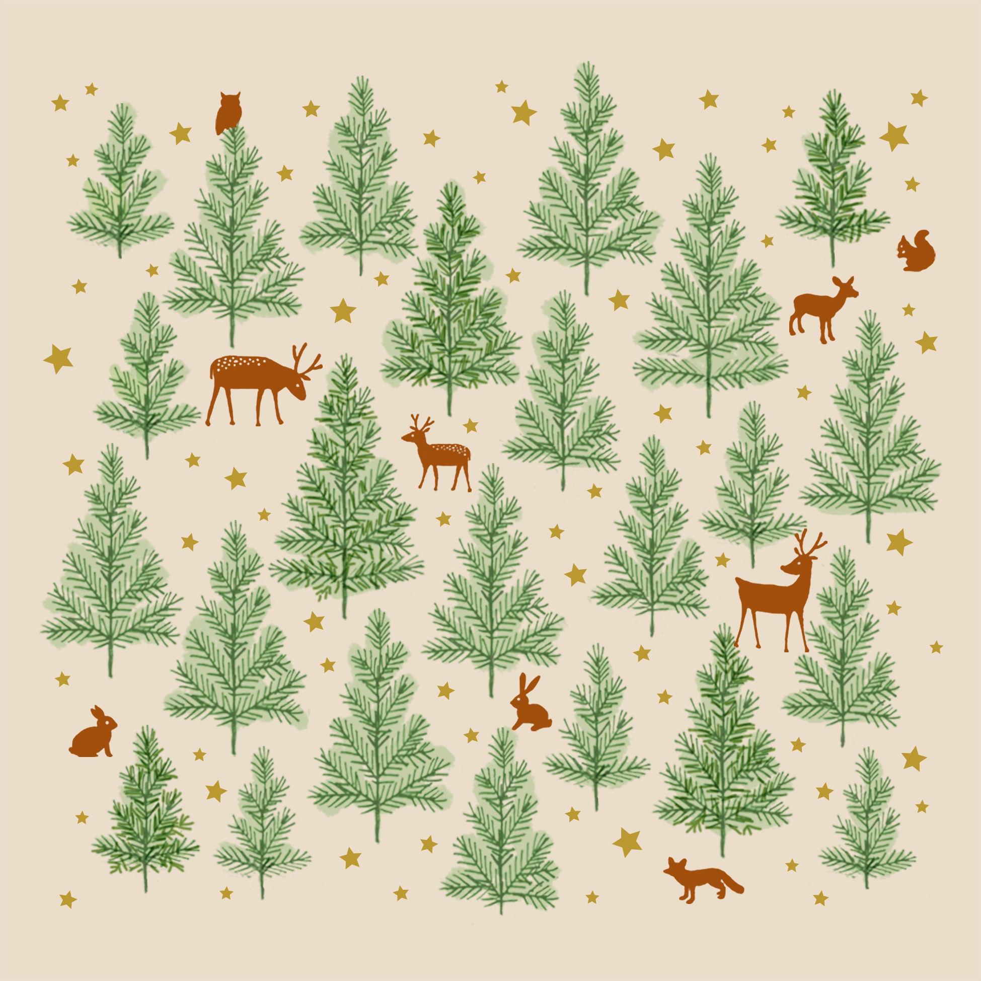 Serwetki 33x33 cm Atelier -  Tiny Forest, Króliki,  Lis,  Lisy,  Renifer,  Jod?a,  Las,  Jele?,  Wiewiórka,  Gwiazdy,  ??ki,  Jele?,  Zwierz?ta