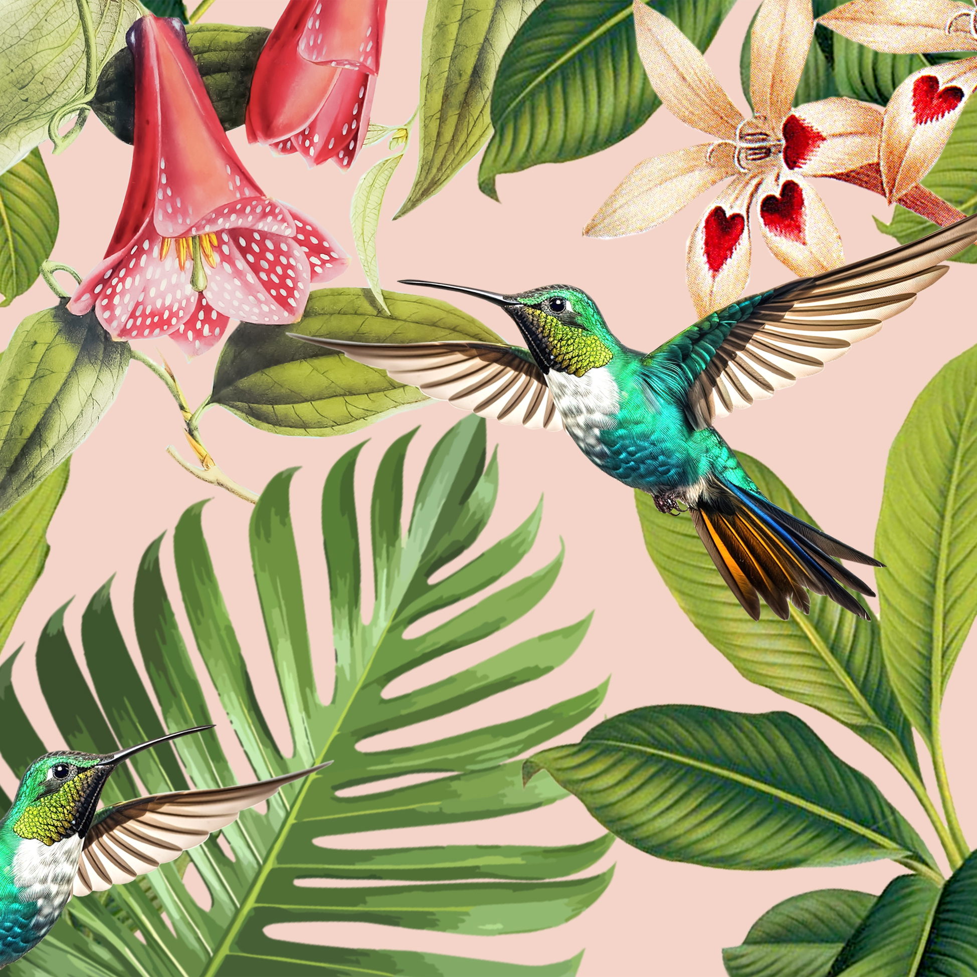 Servietten 33x33 cm Avantgarde -  Paradise pale rose, Kolibri,  Palmen,  Tropen,  tropisch,  Sommer,  Vogel,  Blumen,  Südsee,  Tiere,  Regionen