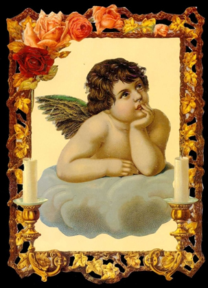 immagini lucide - großer Puttenengel im Rahmen, Angelo su una nuvola,  foglie,  candele,  rose