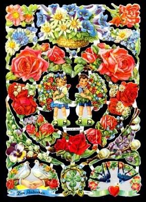 Glanzbilder - Blumenbogen mit Herz, Rosen,  Tauben,  Hochzeit,  Edelweiß,  Kinder