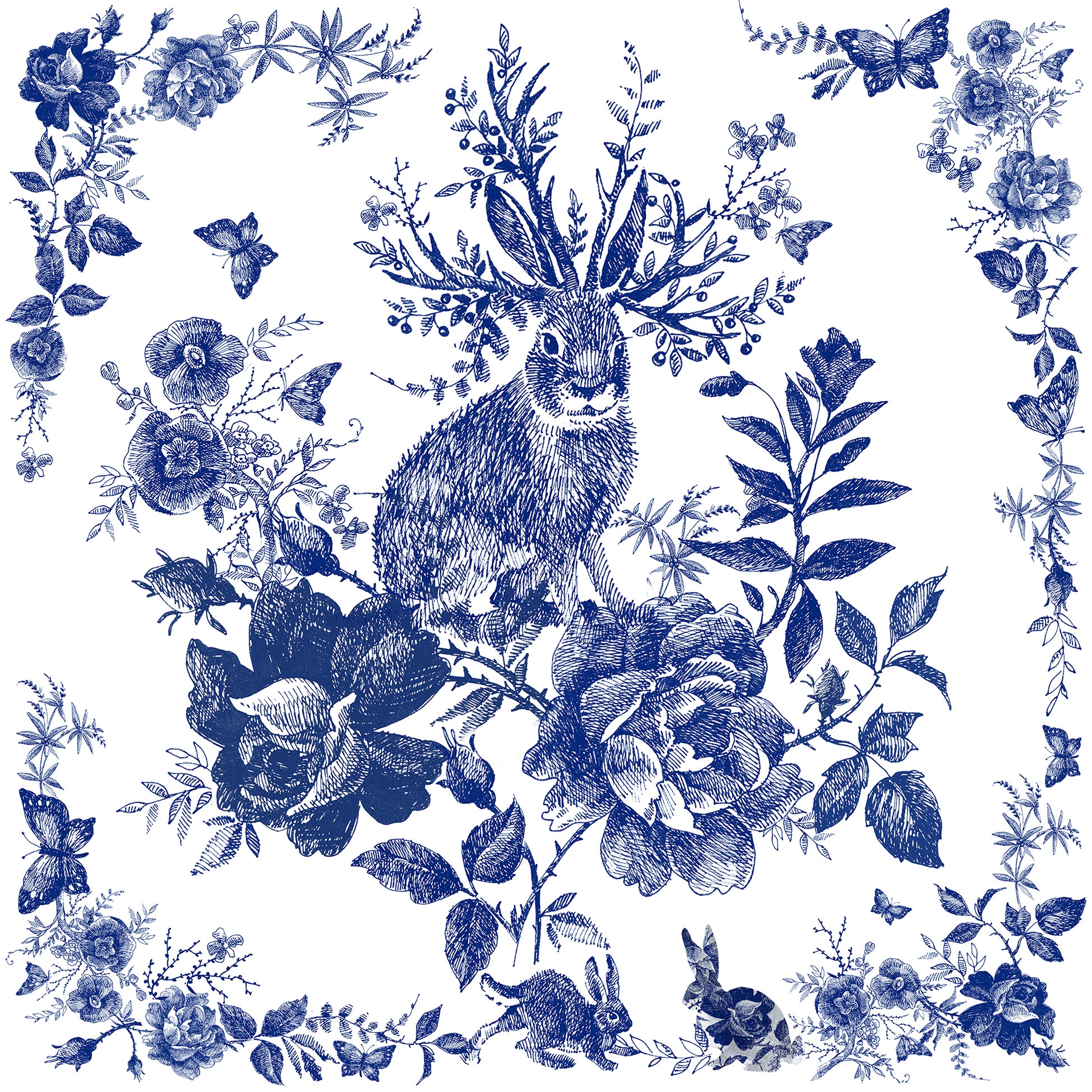 Servietten 33x33 cm - Fairytale Hare blue, blau,  weiß,  Schmetterling,  Rose,  Geweih,  Hasen,  Blumen,  Pflanzen,  Märchen,  Tiere