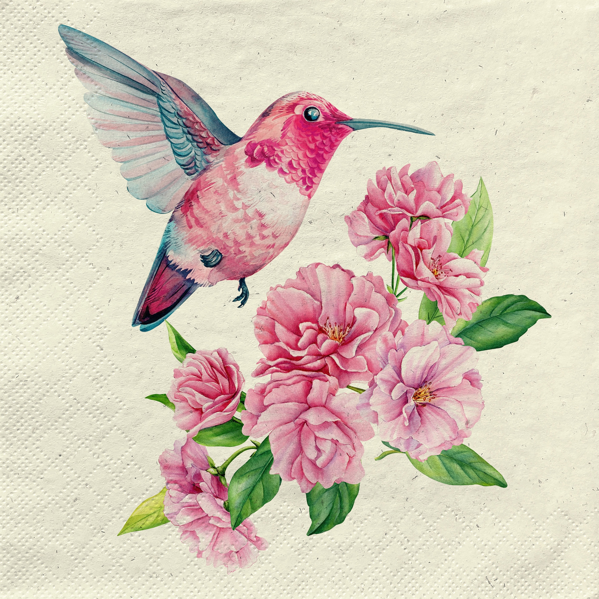 Tovaglioli 24x24 cm in polpa d´erba - kolibri, Colibrì,  riciclaggio,  uccelli,  fiori,  animali