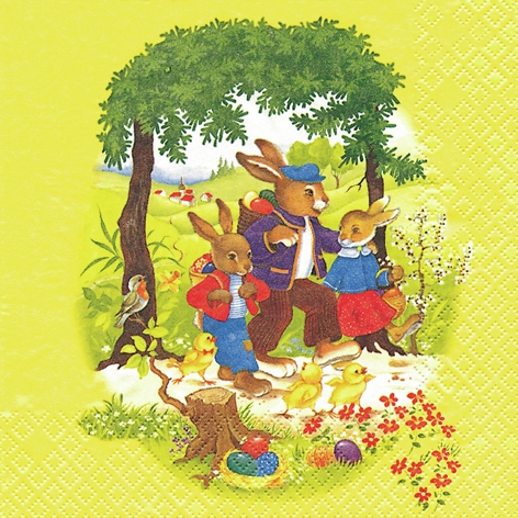 Servietten 33x33 cm - Osterspaziergang, Osterhasen,  Spaziergang,  Hasenfamilie,  Wiese,  Hasen,  Ostereier,  Kücken,  Vintage,  Ostern