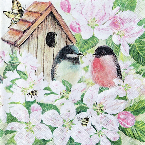 Servietten 33x33 cm - Birds and Blossom, Vogelhaus,  Rosen,  Vögel,  Schmetterlinge,  Tiere