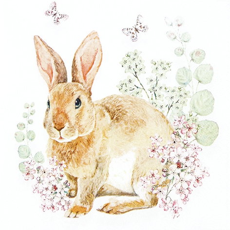 Servietten 33x33 cm - Rosi Rabbit, Kaninchen,  Osterhasen,  Hasen,  Blumen,  Schmetterlinge,  Ostern,  Tiere