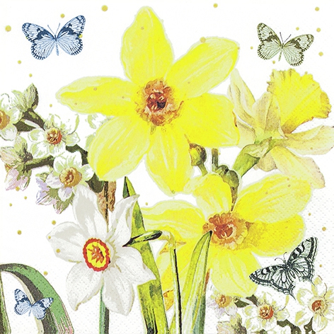 Napkins 33x33 cm - Watercolor Narcissus, daffodils,  butterflies,  daffodils,  flowers,  animals