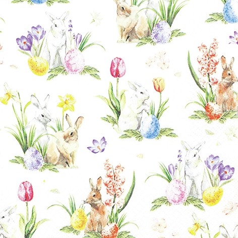 Serwetki 33x33 cm - World of Easter, Królik,  Zaj?czki wielkanocne,  Kwietna ??ka,  ?onkile,  ?onkile,  Tulipany,  Króliki,  Pisanki,  Kwiaty,  Wielkanoc,  Zwierz?ta