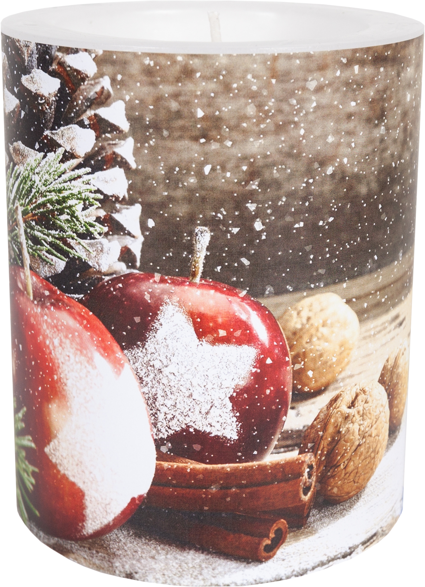 Dekorkerze - Apple Luck 99 mm, Äpfel, Zimt, Nüsse, Schnee Dekorkerze - Apple Luck 99 mm
