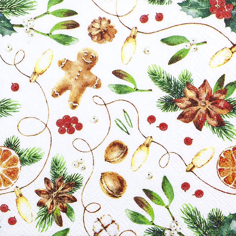 Servietten 25x25 cm - Cozy Feeling pure, Lebkuchen,  Nüsse,  Früchte,  Tannenzweige,  Pflanzen,  Weihnachtsstern,  Blumen