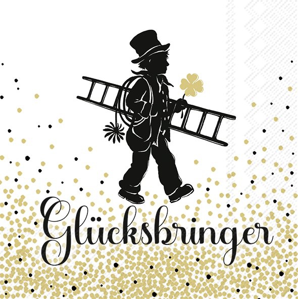 Servilletas 25x25 cm - GLÃœCKSBRINGER gold, Deshollinador,  suerte,  amuleto,  Año Nuevo,  oro,  Nochevieja,  trébol,  escritos,  Réveillon du Nouvel An,  plantas