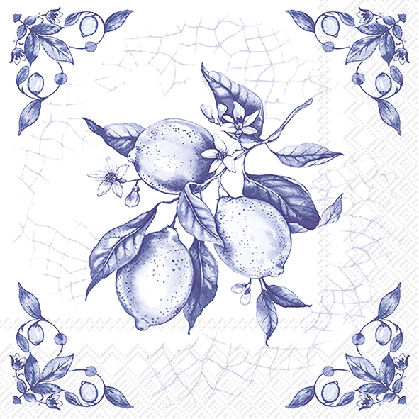 Servilletas 25x25 cm - LEMON ON TILE white blue, limón,  limones,  azulejo,  azul,  fruta tropical,  fruta