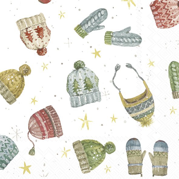 Serwetki 25x25 cm - HATS AND GLOVES, Czapki,  R?kawice,  Gwiazdy,  ?nieg,  P?atki ?niegu