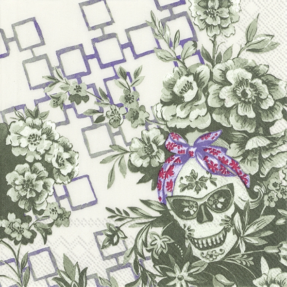 Servietten 25x25 cm - CATRINA cream green, Blumen,  Totenkopf