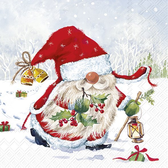Servietten 25x25 cm - CHRIS, Laterne,  Wichtel,  Zwerge,  Gnomes,  Weihnachtsmann,  Schnee,  Schneeflocken