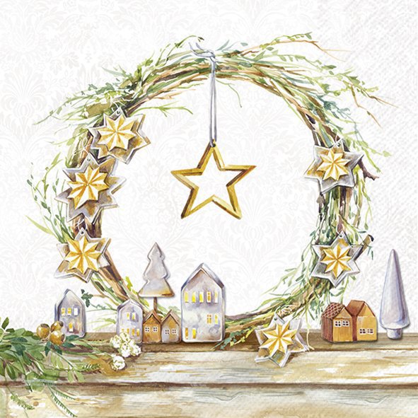 Servietten 25x25 cm - BRIGHT SHINE gold, Kranz,  Sterne,  Adventskranz
