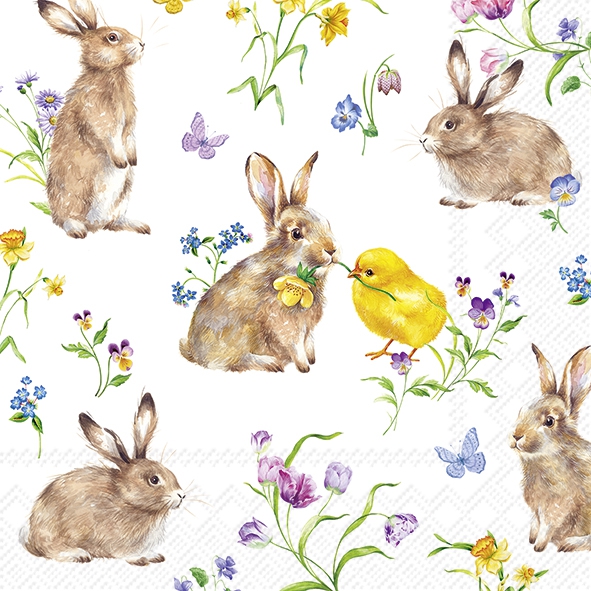 Napkins 25x25 cm - EASTER FRIENDS white, Daffodils,  Pansies,  Rabbit,  Easter bunnies,  Rabbits,  Chicks,  Tulips,  Butterflies,  Easter,  Flowers,  Animals