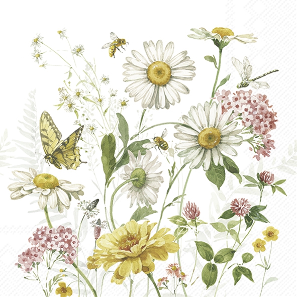 Servilletas 25x25 cm - WILDFLOWER AND BUTTERFLY, Abejas,  Abejorros,  Flores silvestres,  Flores,  Mariposas,  Bosque,  Animales,  Prados