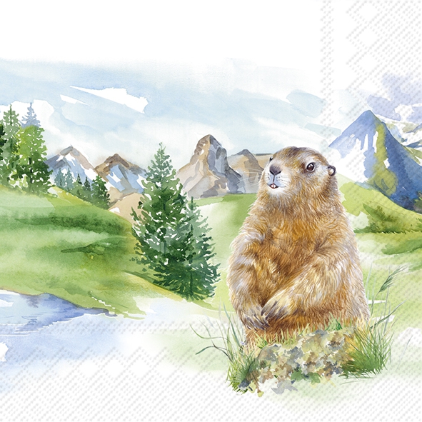 Servilletas 25x25 cm - MOUNTAIN WILDLIFE green, Marmotas,  Montañas,  Alpes,  Austria,  Baviera,  Suiza,  Animales,  Bosque,  Países,  Prados