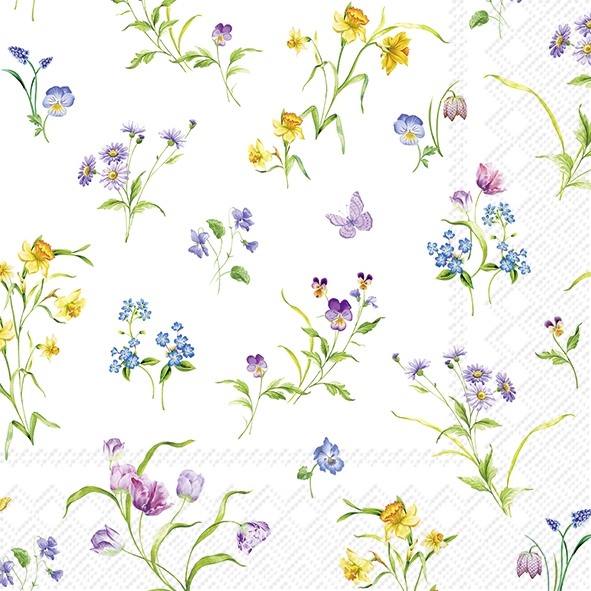 Napkins 25x25 cm - EASTER FLOWERS white, Daffodils,  Tulips,  Butterflies,  Flowers,  Animals