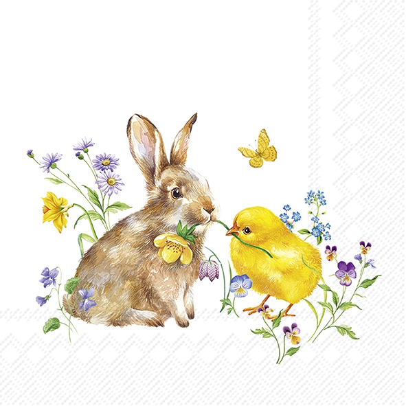 Servilletas 25x25 cm - BUNNY AND CHICK, Conejo,  Conejitos de Pascua,  Pensamientos,  Narcisos,  Conejos,  Pollitos,  Mariposas,  Flores,  Semana Santa,  Animales