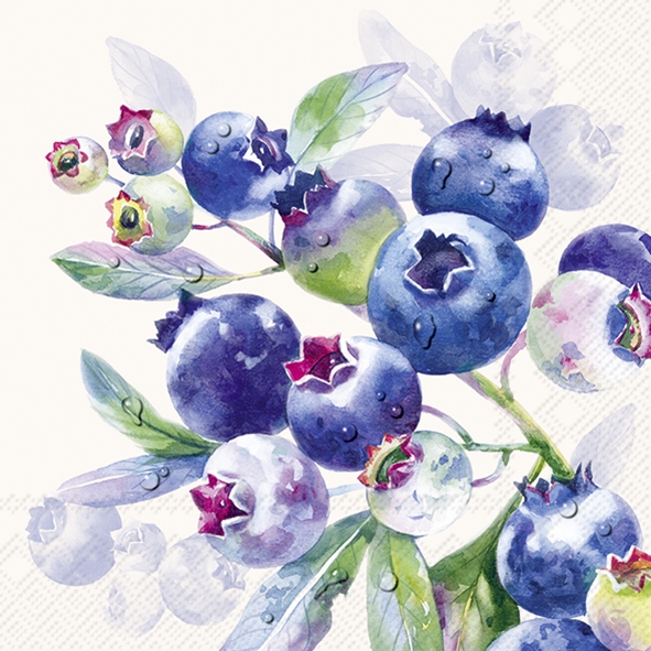 Servilletas 25x25 cm - BLUEBERRY FRUITS cream, Arándanos,  Bayas,  Frutas