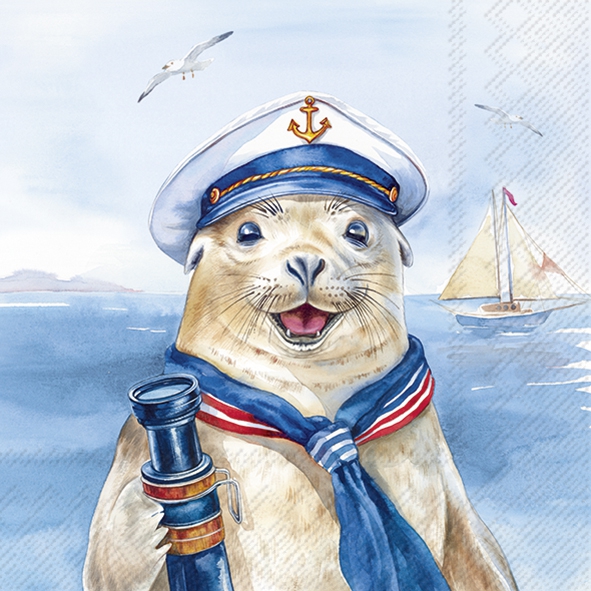 Tovaglioli 25x25 cm - CAPTAIN CHARLIE, Guarnizioni,  Guarnizioni,  marittimo,  Gabbiani,  Costa,  Animali,  Spiaggia,  Mare,  Navi
