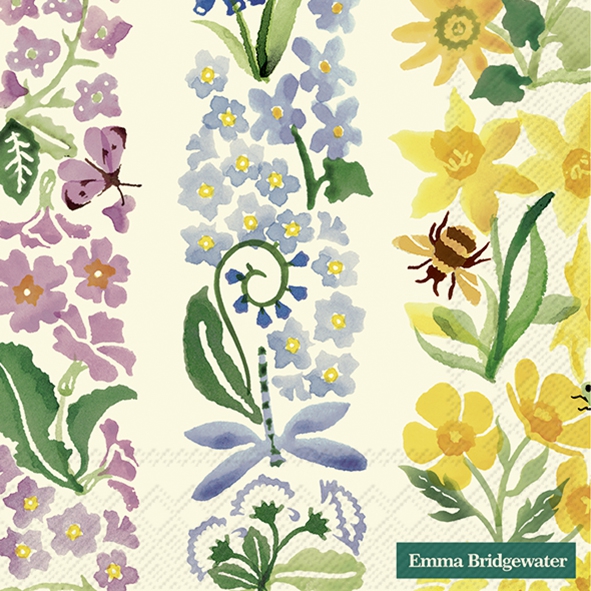 Servilletas 33x33 cm - WILDFLOWERS cream, Libélulas,  Abejas,  Abejorros,  Flores,  Animales,  Narcisos