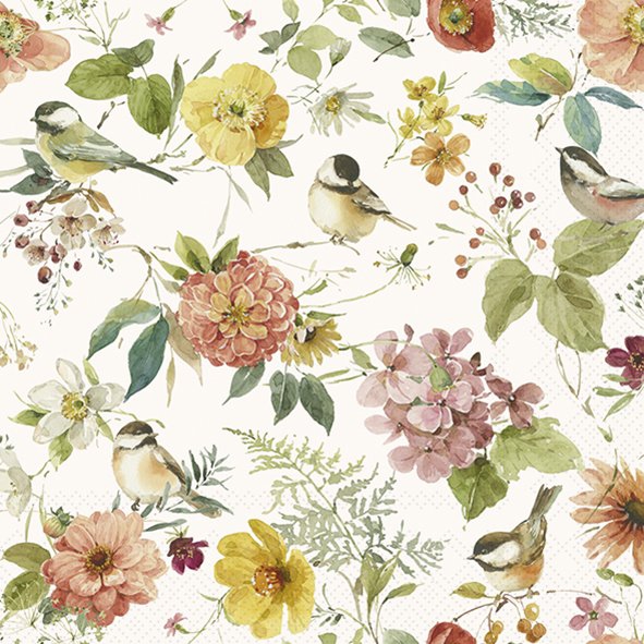 Servilletas 33x33 cm - BLESSED BY NATURE cream, Flores,  Pájaros,  Vintage,  Animales