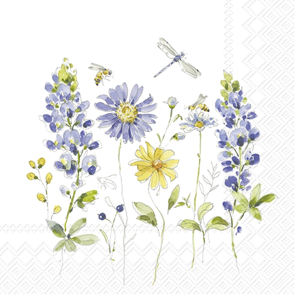 Servilletas 33x33 cm - LOVELY BLUES, libélula,  libélulas,  abeja,  abejas,  abejorro,  flores,  animales